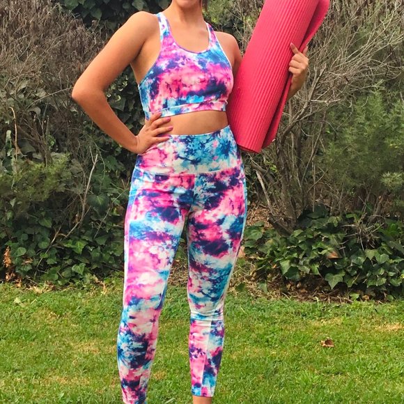 Activewear Set Leggings & Cropped Top Tank Tie Dye High Waist Athletic Pink M - Picture 3 of 7